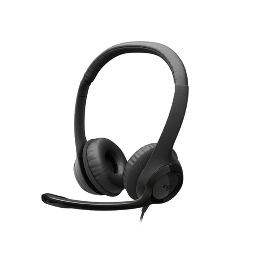 Black headset on a white background