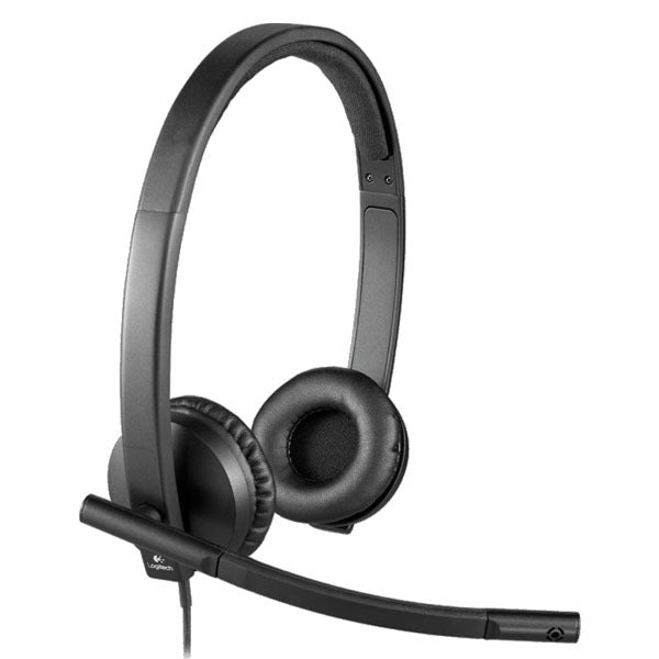 Black headset with microphone on a white background