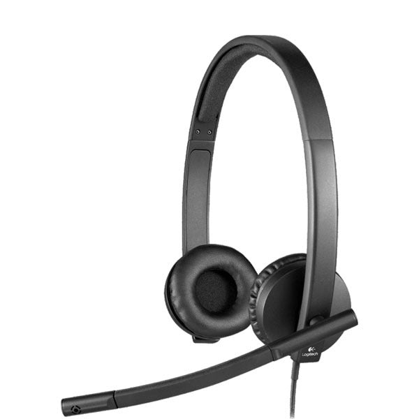 Black headset with microphone on a white background