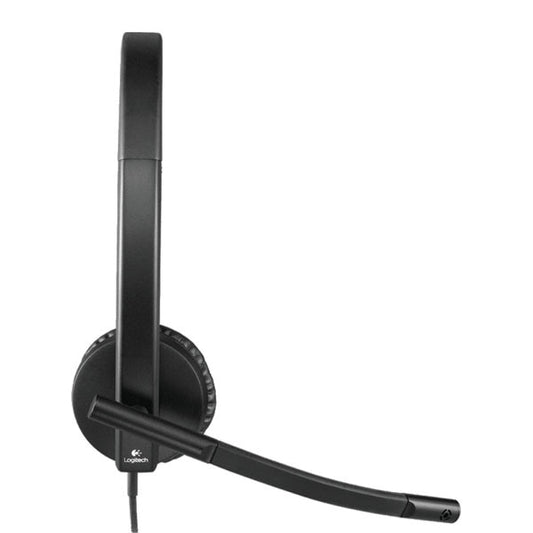Black Logitech headset on a white background