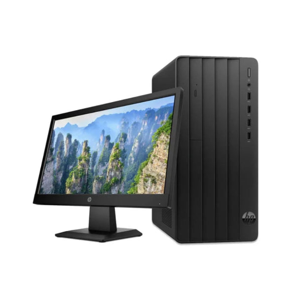 HP Pro Tower 290 G9 Core i3-12100 displaying a mountainous landscape with a black HP desktop tower on a white background