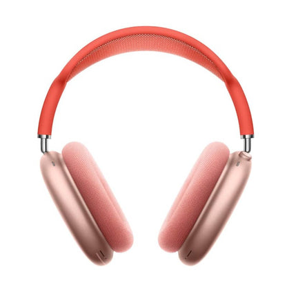 Pink headphones with red headband on a white background