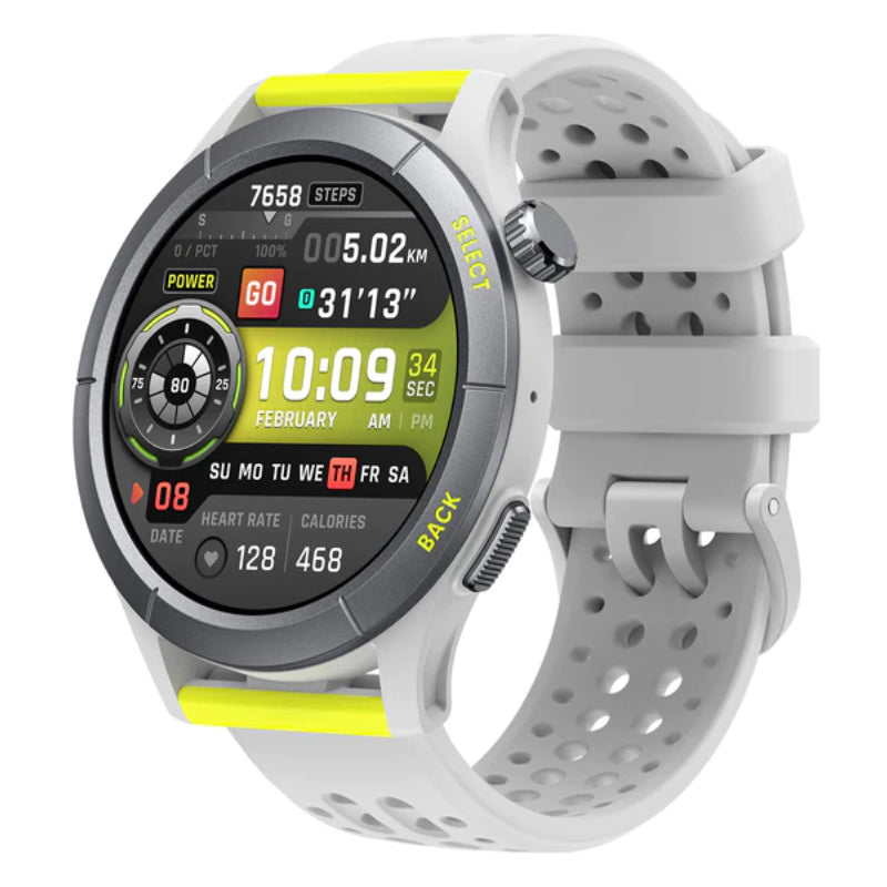 Smartwatch with a gray band and yellow accents on a white background