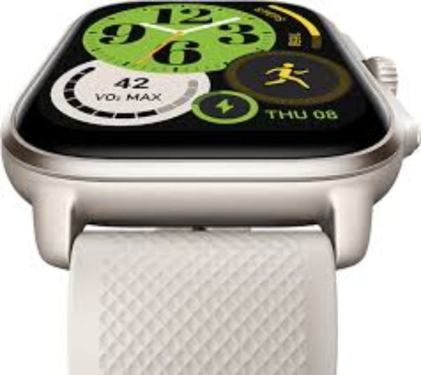 Smartwatch with a white band displaying various app icons on the screen.