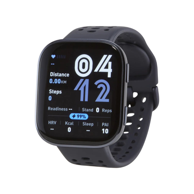 Black smartwatch with digital display on a white background