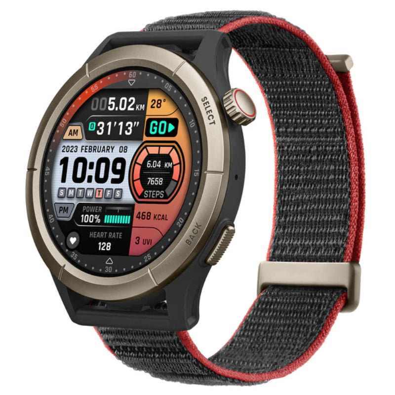 Smartwatch with a black and red strap on a white background