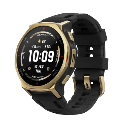 Smartwatch with black and gold design on a white background