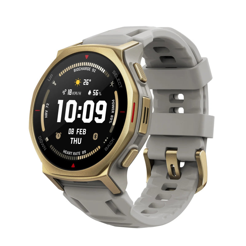 Smartwatch with a gray and gold strap on a white background
