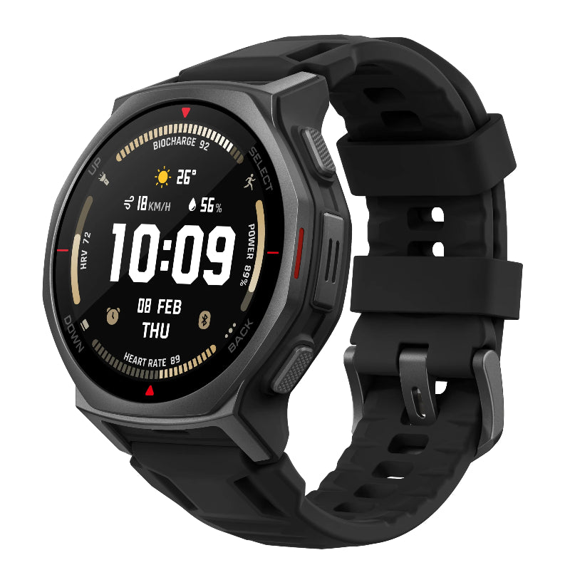 Black smartwatch with a detailed display on a white background