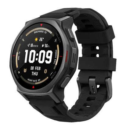 Black smartwatch with a detailed display on a white background