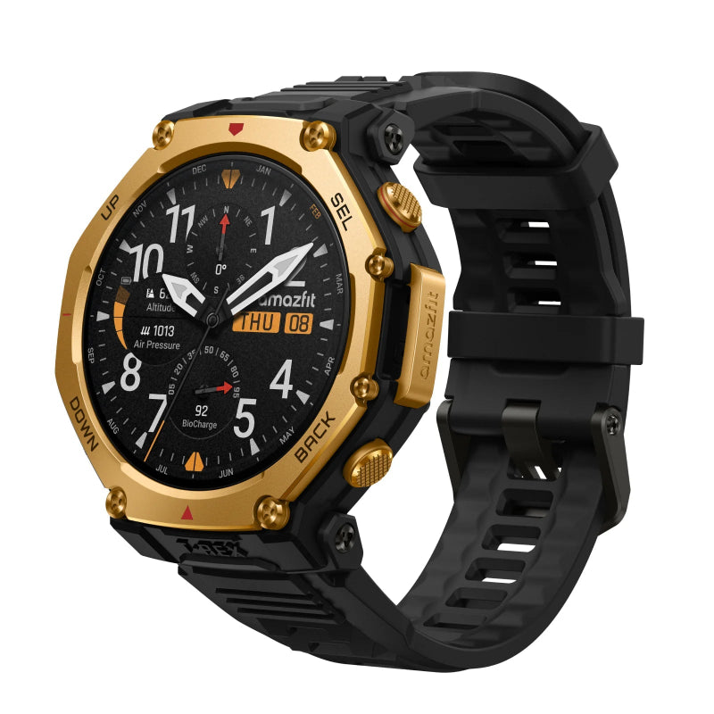 Smartwatch with black and gold design on a white background