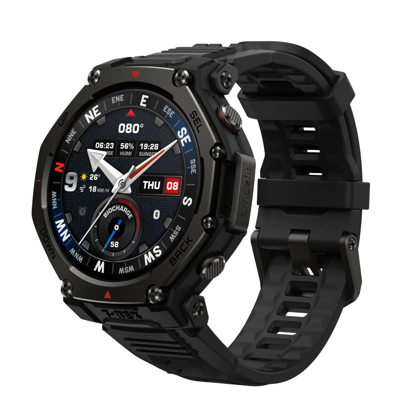 Black smartwatch with detailed display on a white background