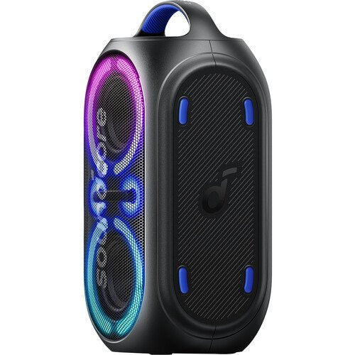 Portable Anker Rave Partycast Bluetooth Speaker with colorful LED lights on a white background