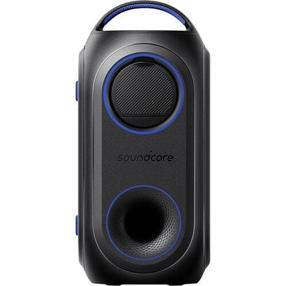 Black portable Anker Rave Partycast Bluetooth Speaker with blue accents on a white background