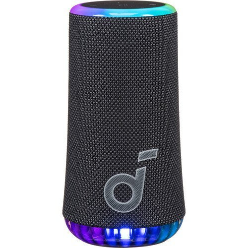 Black portable Anker Soundcore Glow
with colorful LED lights on a white background