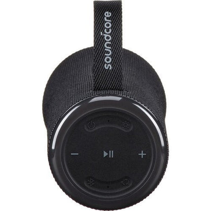 Black portable Anker Soundcore Glow
 with Soundcore branding on a white background