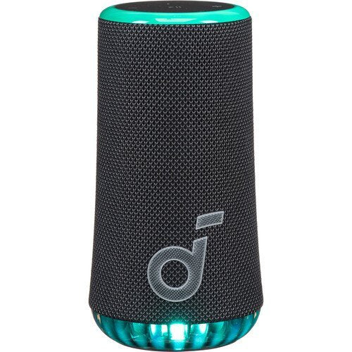 Black portable Anker Soundcore Glow
with teal top and bottom on a white background