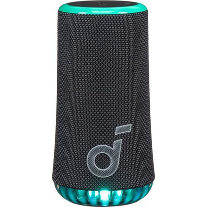Black portable Anker Soundcore Glow
with teal top and bottom on a white background