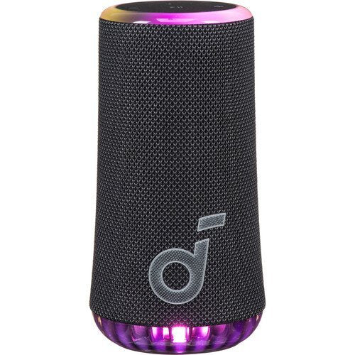 Black portable Anker Soundcore Glow
with purple accents on a white background