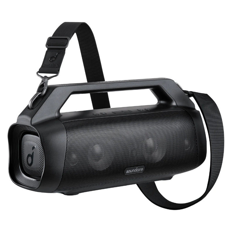 Black Anker Soundcore Motion Boom Plus Speaker with a strap on a white background