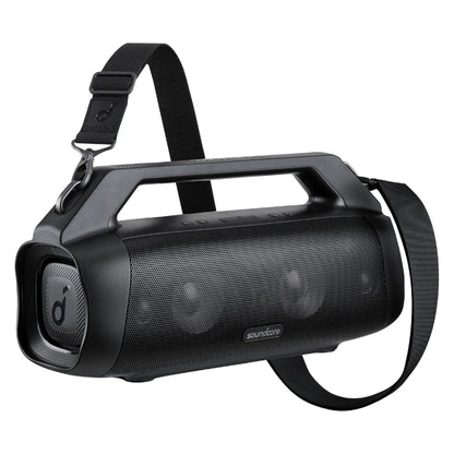 Black Anker Soundcore Motion Boom Plus Speaker with a strap on a white background
