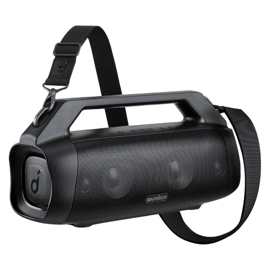 Black Anker Soundcore Motion Boom Plus Speaker with a strap on a white background