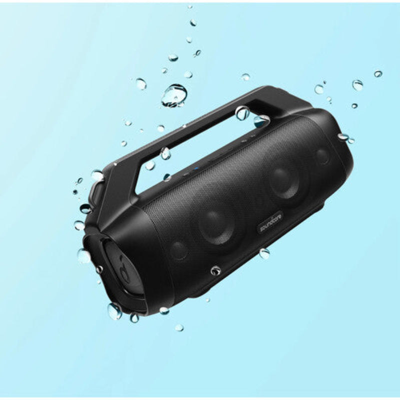 Black Anker Soundcore Motion Boom Plus Speaker with water droplets on a light blue background