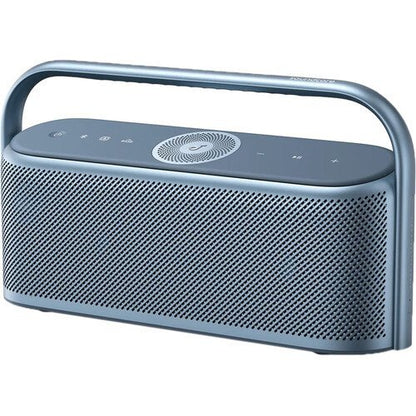 Blue portable Anker Soundcore Motion X600 Wireless Speaker with a handle on a white background