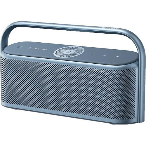 Blue portable Anker Soundcore Motion X600 Wireless Speaker with a handle on a white background