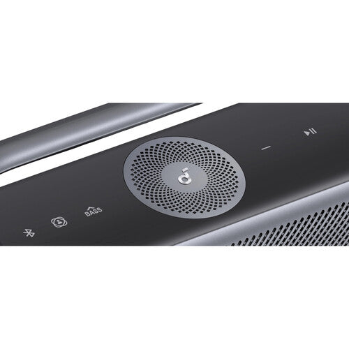 Close-up of Anker Soundcore Motion X600 Wireless Speaker sunroof control panel with buttons and a speaker grille.