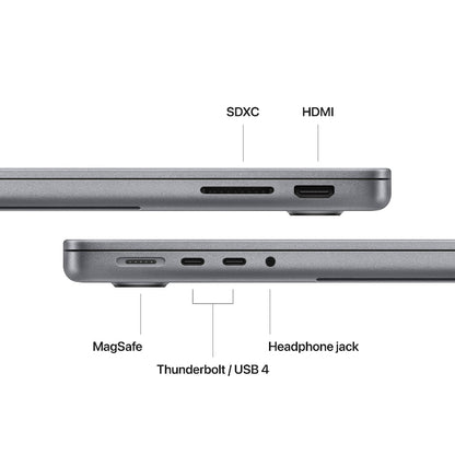 Side view of a laptop with ports labeled on a white background