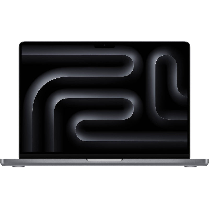 Laptop with a black screen displaying abstract white lines on a white background