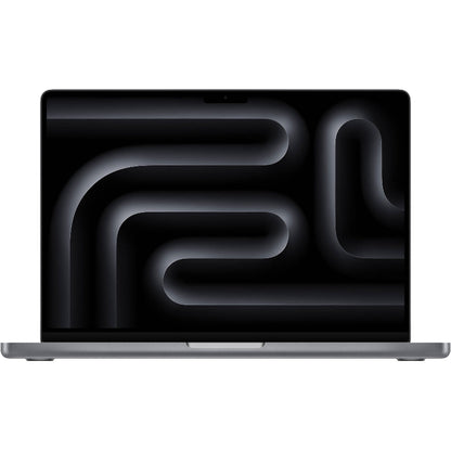 Laptop with a black screen displaying abstract white lines on a white background