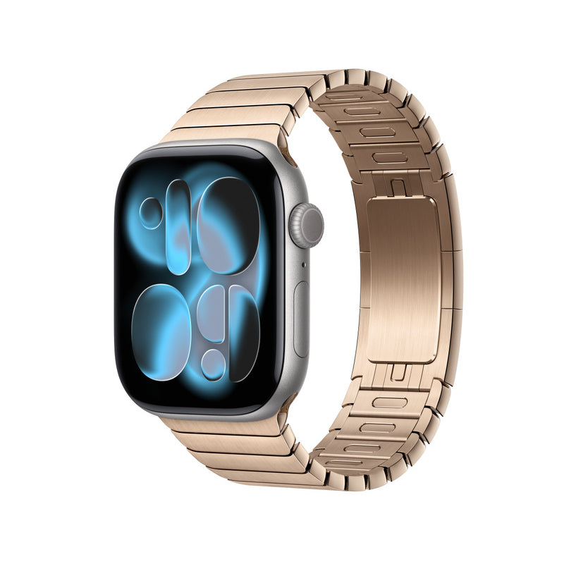 Smartwatch with a rose gold metal band on a white background