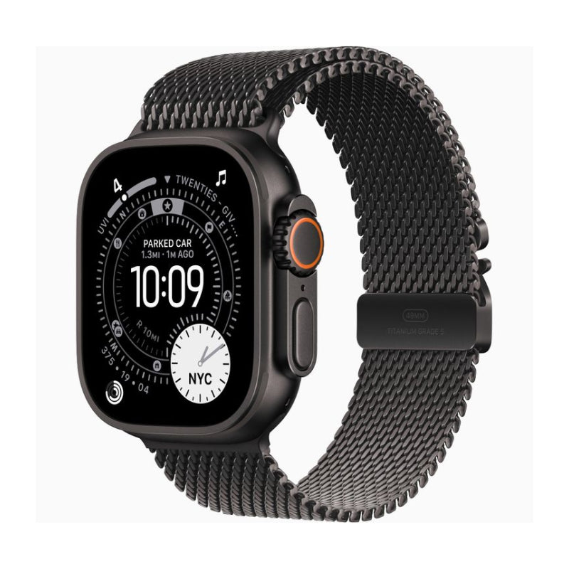 Smartwatch with a black mesh band on a white background