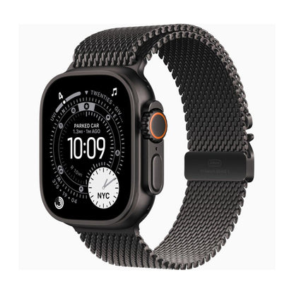 Smartwatch with a black mesh band on a white background