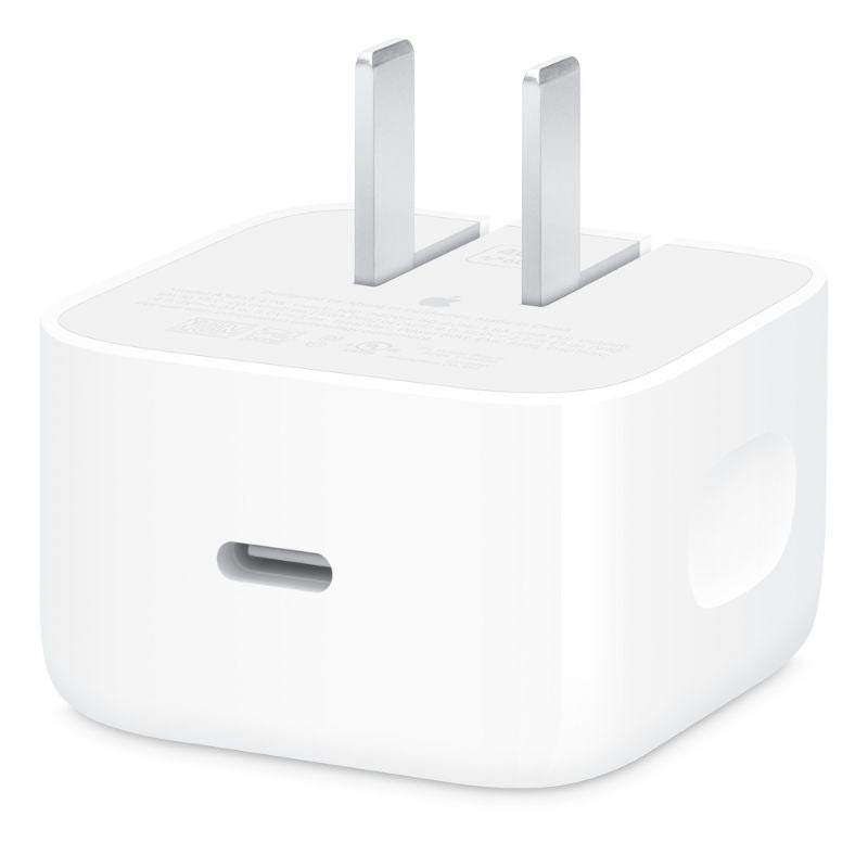 White USB-C power adapter on a white background