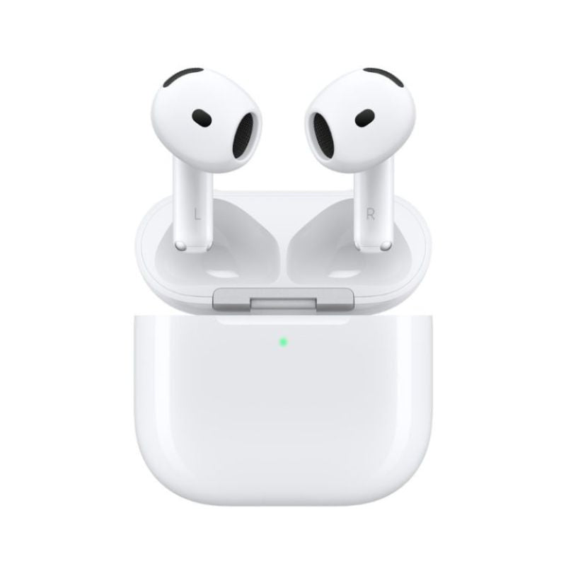 White wireless earbuds with charging case on a white background