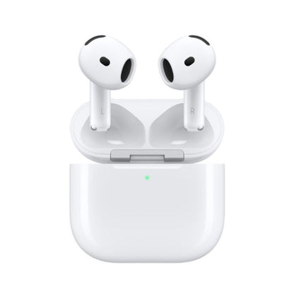 White wireless earbuds with charging case on a white background