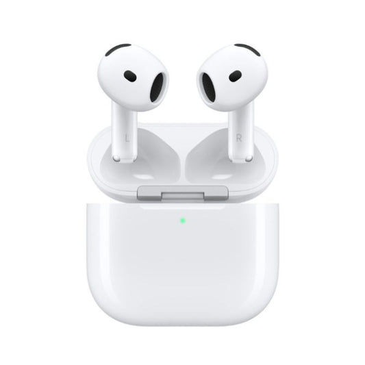 White wireless earbuds with charging case on a white background