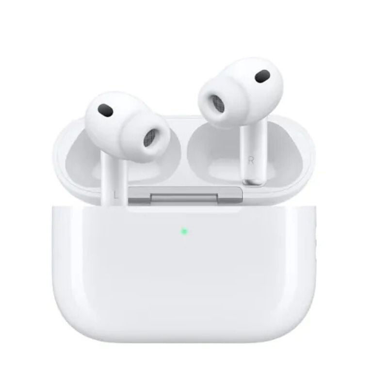 White wireless earbuds in a charging case on a white background