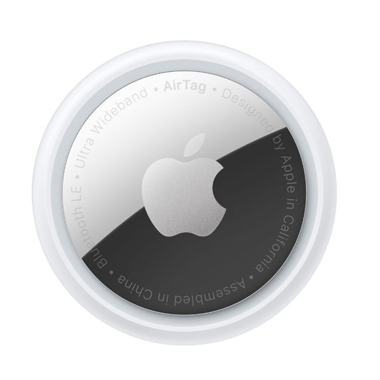 Apple AirTag with Apple logo on a white background