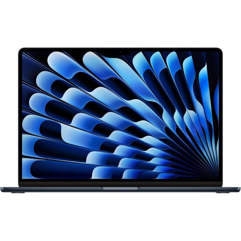 Laptop with a blue abstract design on the screen against a white background