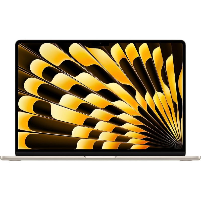 Laptop with a black screen displaying a yellow and black abstract pattern on a white background