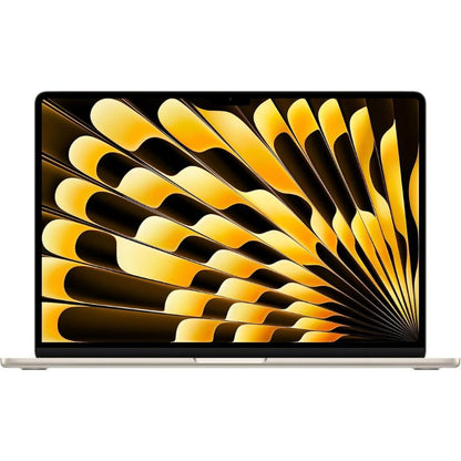 Laptop with a black screen displaying a yellow and black abstract pattern on a white background