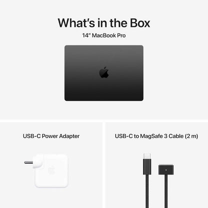 14-inch MacBook Pro packaging with USB-C power adapter and cable on a white background