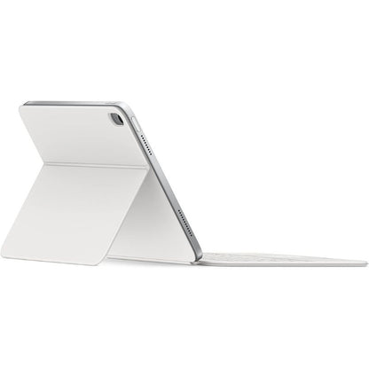 Silver tablet with stand on a white background