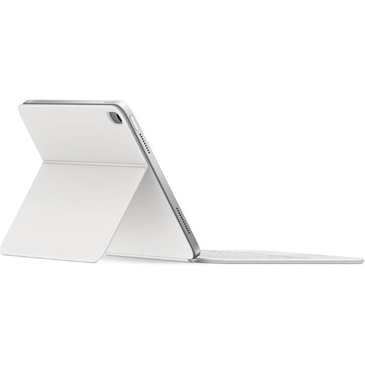 Silver tablet with stand on a white background