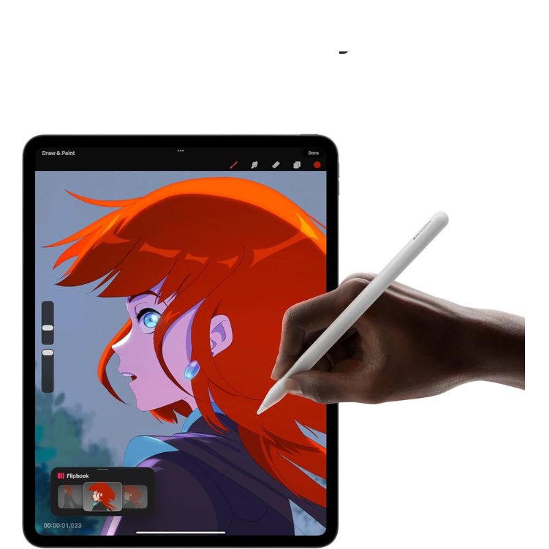 Hand holding a stylus over a tablet displaying an animated character, with a white background