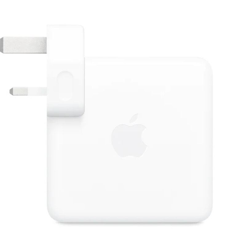 White Apple USB-C power adapter on a white background